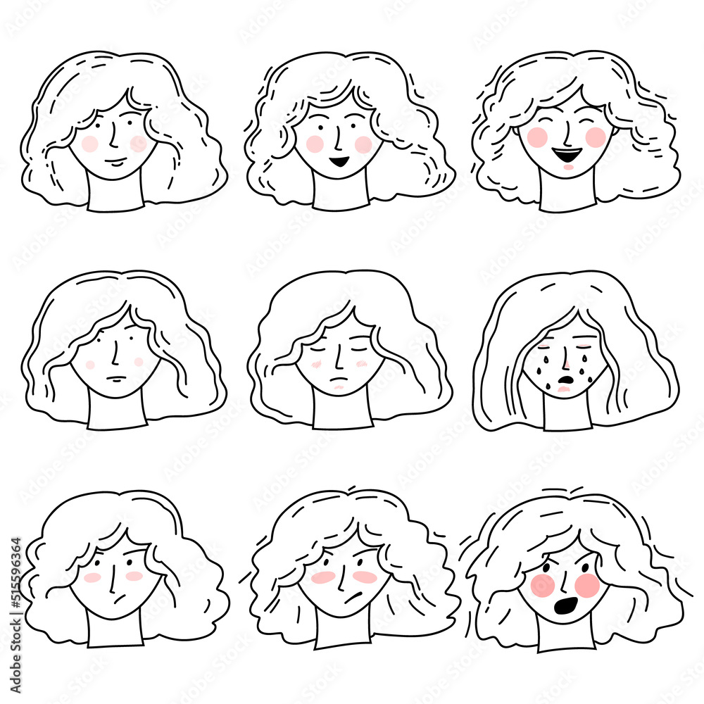 Obraz premium Hand-drawn doodle vector set with girl's faces with different emotions of happiness, sadness and anger