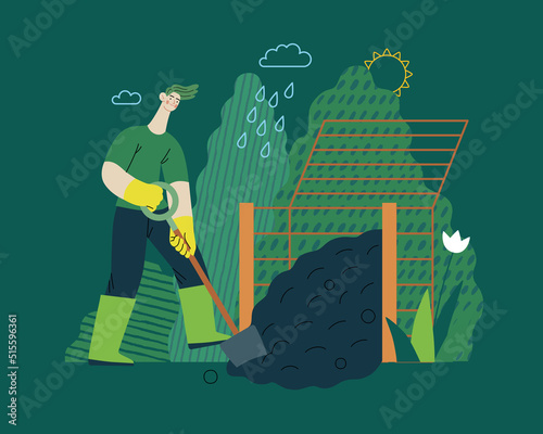 Ecology - Composting, eco farming -Modern flat vector concept illustration of ecology, organic farming metaphor. A man wearing rubber boots, digging composter Creative landing web page template