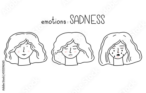 Hand-drawn doodle vector set with girl's faces with different emotions of sadness