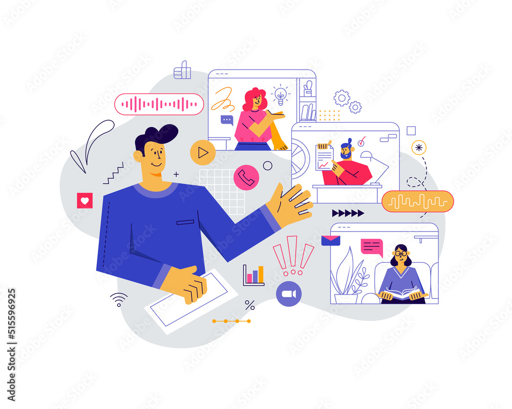 Freelancer work and holding a video conference with collegges from home. Friends video meeting. Work from home online, creative space, self-isolation. Vector Freelancer work and holding a video conference with collegges from home. Friends video meeting. Work from home online, creative space, self-isolation. Vector