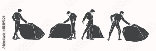 Collection of black silhouettes of Matadors with capes in different poses. Toreador is the main participant in the bullfight, killing the bull. Vector illustration isolated. photo