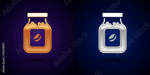 Gold and silver Coffee jar bottle icon isolated on black background. Vector