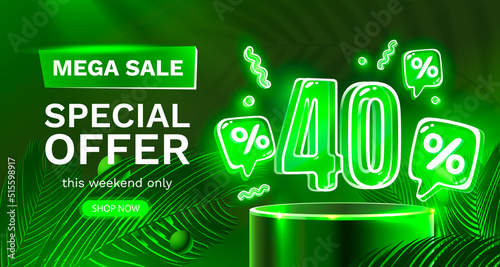 Mega sale special offer, Neon 40 off sale banner. Sign board promotion. Vector