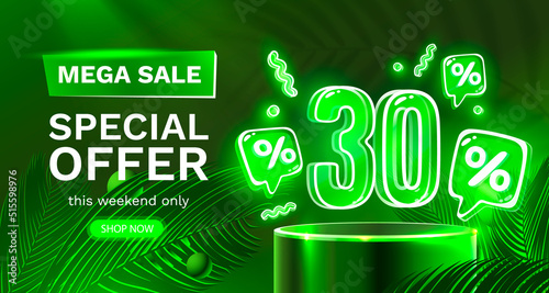Mega sale special offer, Neon 30 off sale banner. Sign board promotion. Vector