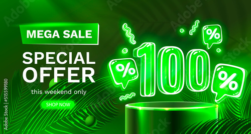 Mega sale special offer, Neon 100 off sale banner. Sign board promotion. Vector