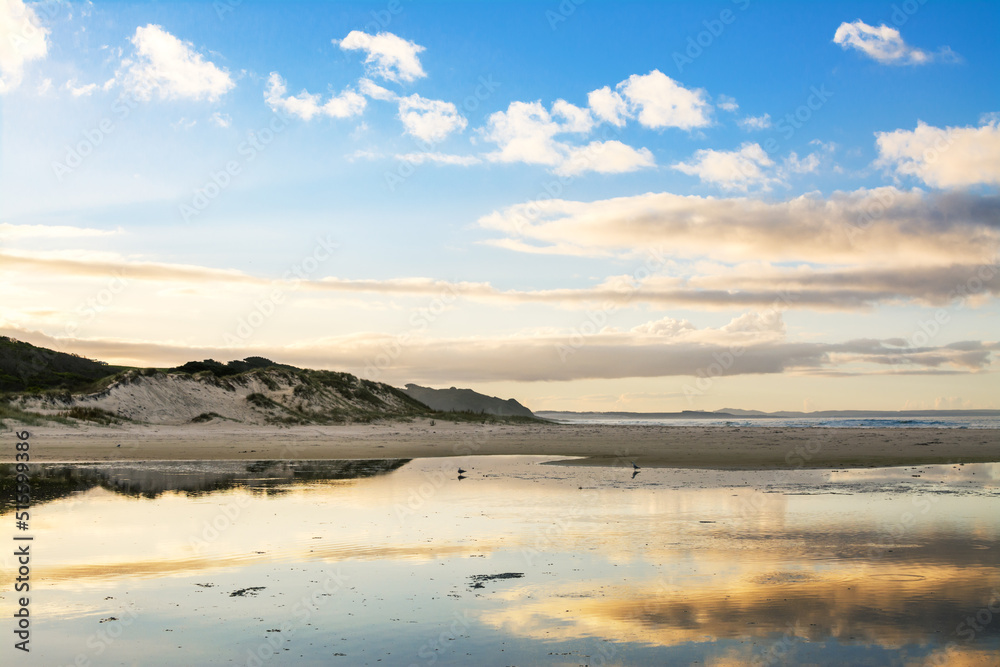 Light clouds reflected in shallow waters of a sandy beach. Beautiful sunset at Far North, New Zealand Light clouds reflected in shallow waters of a sandy beach. Beautiful sunset at Far North, New Zealand