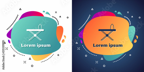 White Electric iron and ironing board icon isolated on white and blue background. Steam iron. Abstract banner with liquid shapes. Vector