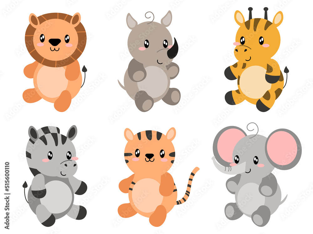 Cute wild animals set including lion, tiger, rino, zebra, giraffe, and elephant. Safari jungle animals vector. Woodland animal illustration. EPS