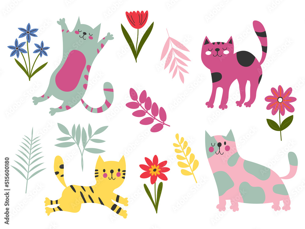 Naklejka premium Fanny cartoon cats in different poses. Domestic cute cats sleeping and walking, sitting and playing. Flowers Set of flat cartoon vector illustrations isolated on white background EPS