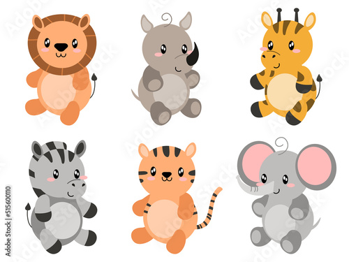 Fototapeta Naklejka Na Ścianę i Meble -  Cute wild animals set including lion, tiger, rino, zebra, giraffe, and elephant. Safari jungle animals vector. Woodland animal illustration. EPS