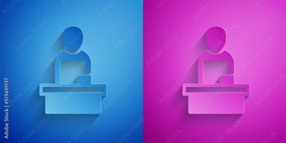 Paper cut Breaking news icon isolated on blue and purple background. News on television. News anchor broadcasting. Mass media. Evening news. Paper art style. Vector Paper cut Breaking news icon isolated on blue and purple background. News on television. News anchor broadcasting. Mass media. Evening news. Paper art style. Vector