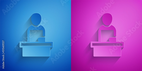 Paper cut Breaking news icon isolated on blue and purple background. News on television. News anchor broadcasting. Mass media. Evening news. Paper art style. Vector