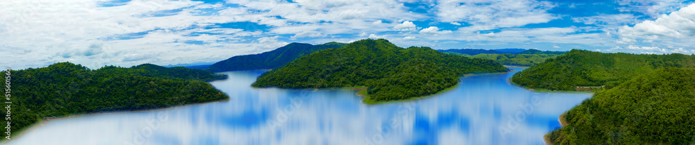 Beautiful forest lake Panoramic view of beautiful lake landscape. Mountain landscape and Lake. Calm Water and Fresh Air on nature green forest Paradise Earth Eden of Environment