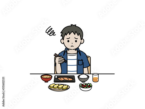 食欲がない　男の子　子供　食べれない　好き嫌い　朝食　イラスト photo
