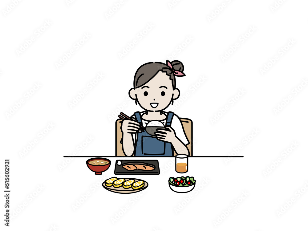 食事をする　女の子　子供　食べる　朝食　イラスト