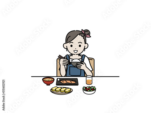 食事をする　女の子　子供　食べる　朝食　イラスト