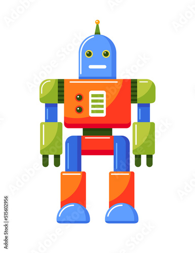 Kids toy electronic humanoid robot with battery charge sensor. Science early education equipment. Vector colorful illustration isolated on white background.