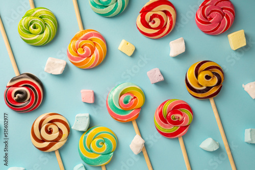 Rainbow sugar lollypops set and color marshmellow top view