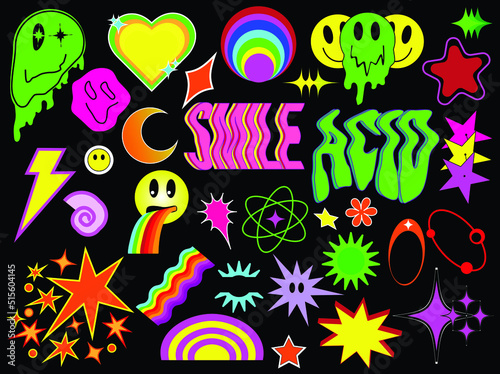 Vector set of acidic abstract objects in cartoon style, a set of bright psychedelic and retro-futuristic graphic ornaments for decoration.