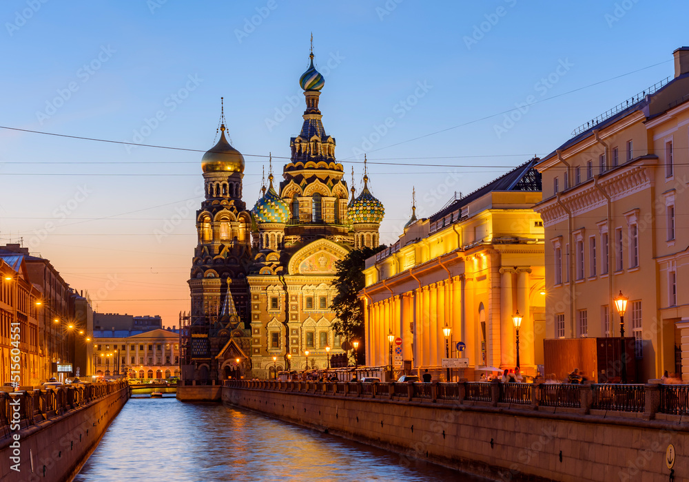 Church of Savior on Spilled Blood (Spas na Krovi) on Griboedov canal at white night, Saint Petersburg, Russia