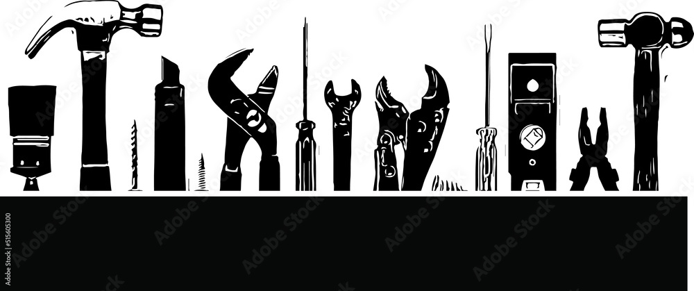 Detailed silhouette of construction tools plas, hammer, screwdriver, sketch drawing of mechanical tools - obrazy, fototapety, plakaty 
