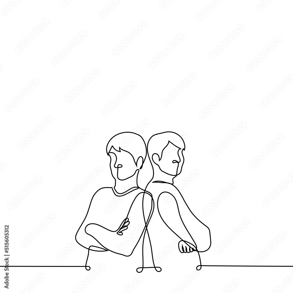 two men standing with their backs to each other - one line drawing vector. the concept of standing back to back, friends, sworn brothers two men standing with their backs to each other - one line drawing vector. the concept of standing back to back, friends, sworn brothers