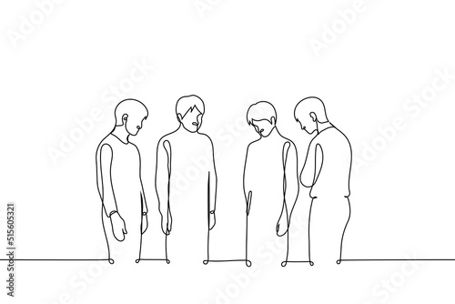 group of people stand in a circle with their heads down, they are sad or look at something in the center on the floor - one line drawing vector