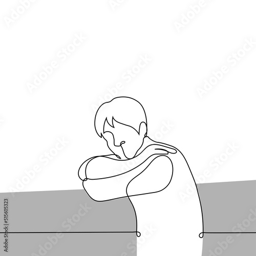 man lay down on the railing with his arms crossed and put his head on top looking at the viewer - one line drawing vector. the concept of procrastination, laziness, photo pose