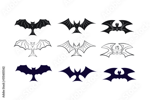 Set of vector icons of bats on white background. Designs for Halloween, spooky, festive elements for printing banners, cards, stickers.