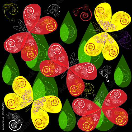 Seamless vector pattern with bright butterflies on a black background. Summer floral ornament.
