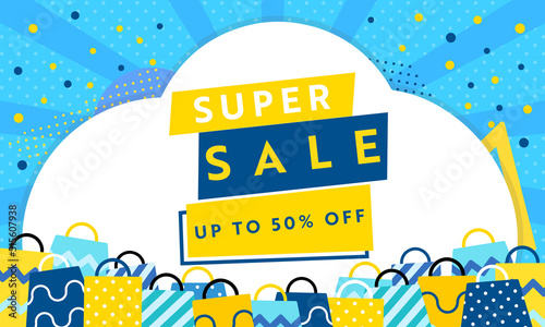 ショッピングバッグに囲まれたシンプルで可愛いスーパーセール広告テンプレート（青）　Simple and cute super sale advertising template surrounded by shopping bags (blue)