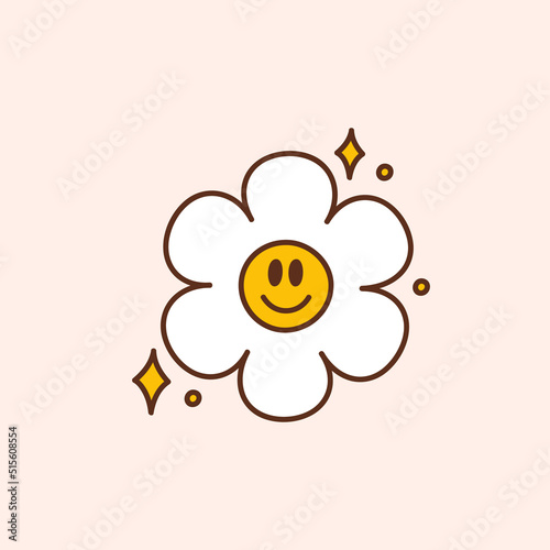 Groovy happy daisy flower. Colorful vector illustration in vintage style. Retro 70s 60s design element or icon