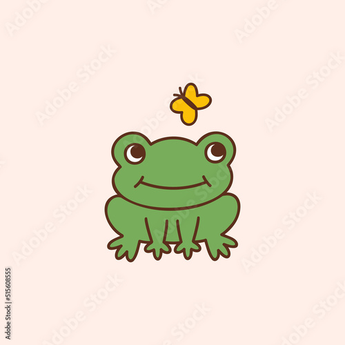 Happy frog and yellow butterfly. Cartoon vector illustration. Colorful design element or icon