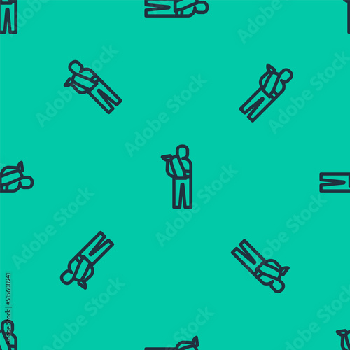 Blue line Human broken arm icon isolated seamless pattern on green background. Injured man in bandage. Vector