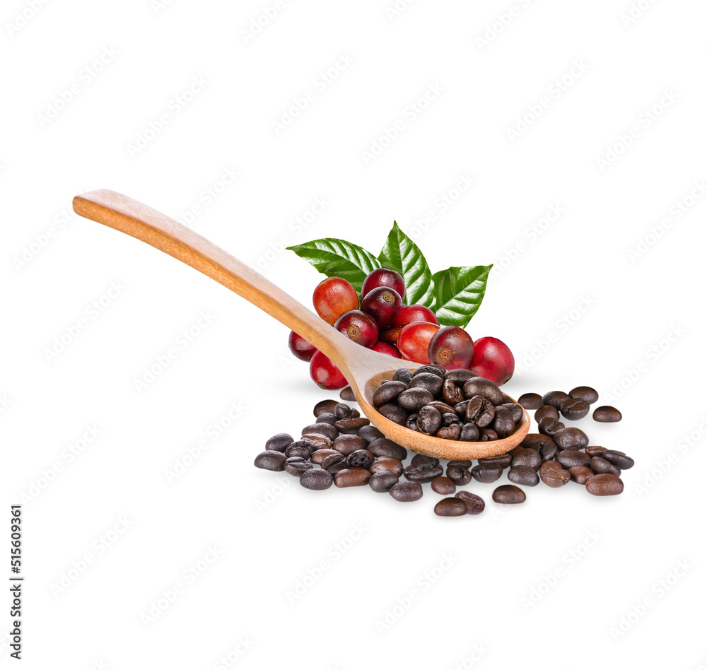 Coffee beans with leaves isolated on white background Coffee beans with leaves isolated on white background