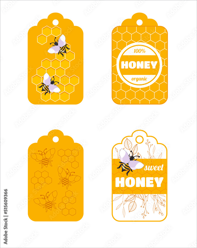 vector labels with honey combs and bees on a white background vector labels with honey combs and bees on a white background
