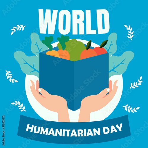 illustration vector graphic of hands holding up a box filled with vegetables and fruits, perfect for world humanitarian day, nature, celebrate, greeting card, etc