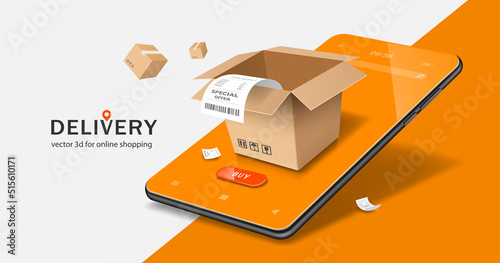 Receipt paper labeled"special offer"flowed from an empty brown box that had been opened and all place on smartphone screen,vector 3d for online shopping,delivery,transport advertising concept design