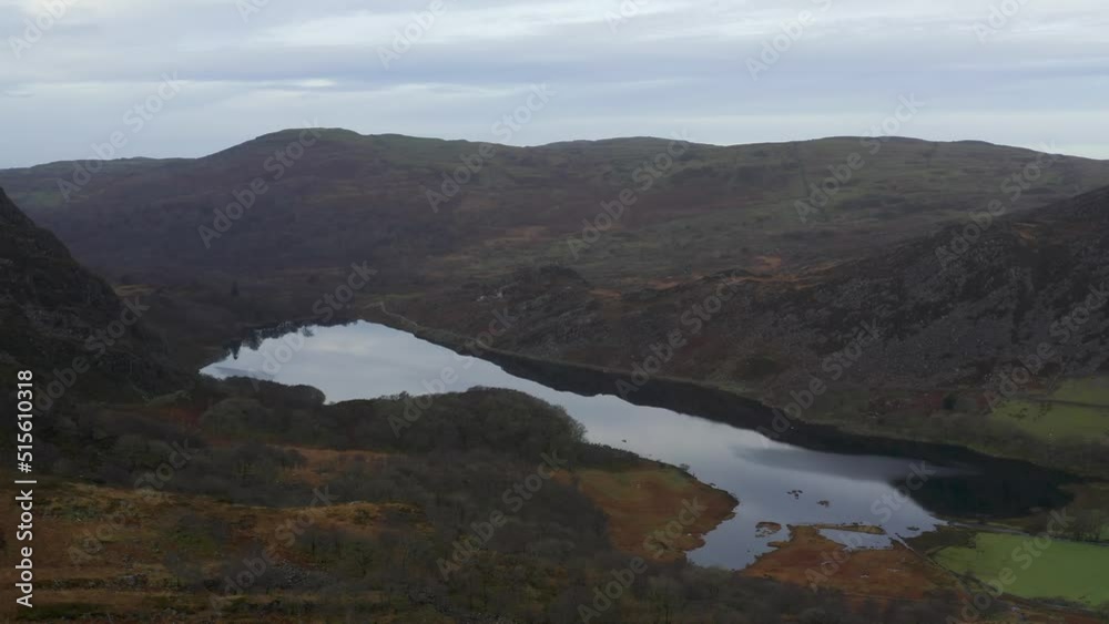 Aerial view of Llyn Bychan in North Wales Rhinogydd
