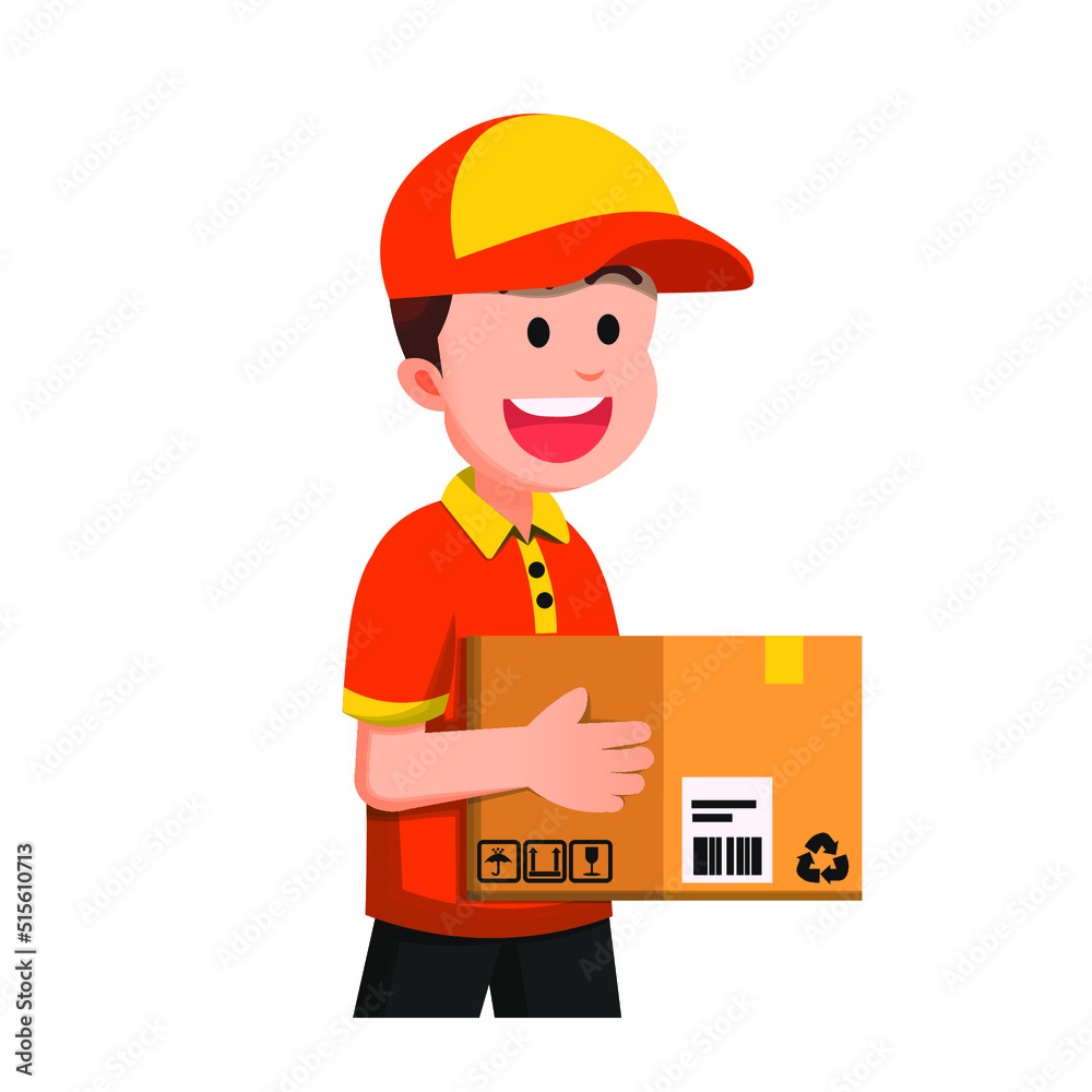 boy in a courier uniform carries a cardboard package of orders boy in a courier uniform carries a cardboard package of orders