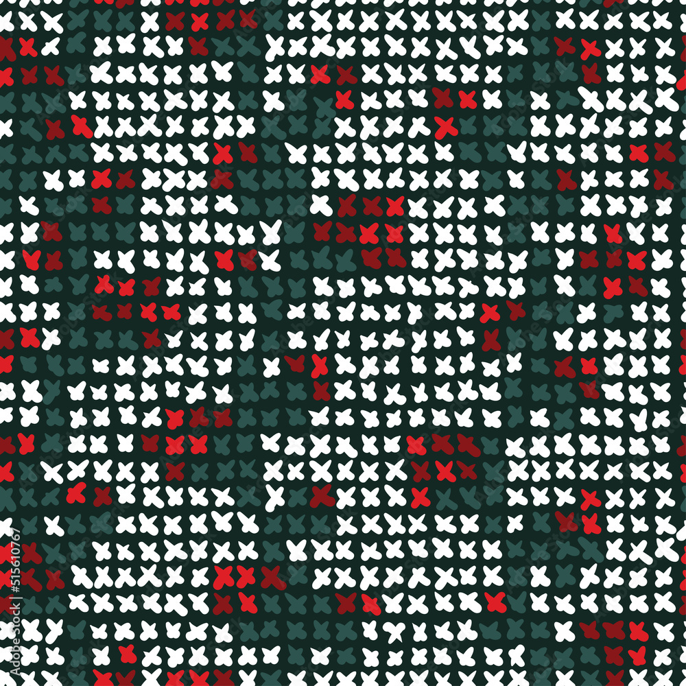 Cross stitch roses vector seamless pattern. Ethnic folk texture embroidery crosses stitches, textile or fabric print ornament.