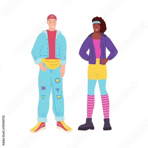 A man and a woman in denim suits in the style of the 90s. Flat vector illustration