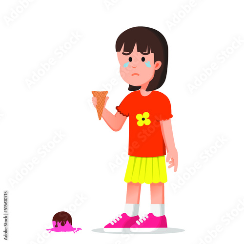 little girl became sad because her ice cream fell on the floor