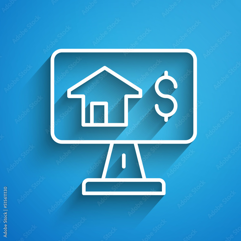White line Online real estate house in browser icon isolated on blue background. Home loan concept, rent, buy, buying a property. Long shadow. Vector White line Online real estate house in browser icon isolated on blue background. Home loan concept, rent, buy, buying a property. Long shadow. Vector