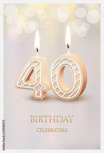 Happy birthday greeting card with 40 number candles vector illustration. 3d candlelight in poster design for anniversary party celebration, cute forty invitation template candles for sweet cake.