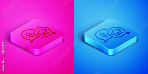 Isometric line Real estate business concept with speech bubbles icon isolated on pink and blue background. Square button. Vector