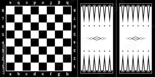 Black and white chessboard and backgammon board for playing with chips and dice, top view
