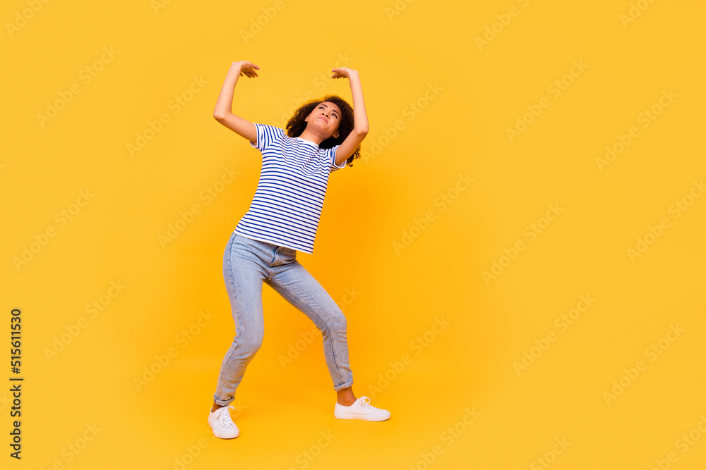 Full body portrait of hardworking person look arms palms hold resist up empty space isolated on yellow color background