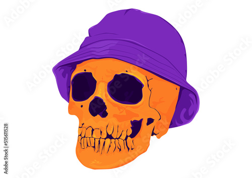 Skull wearing a bucket hat. Halloween colours. Vector.
