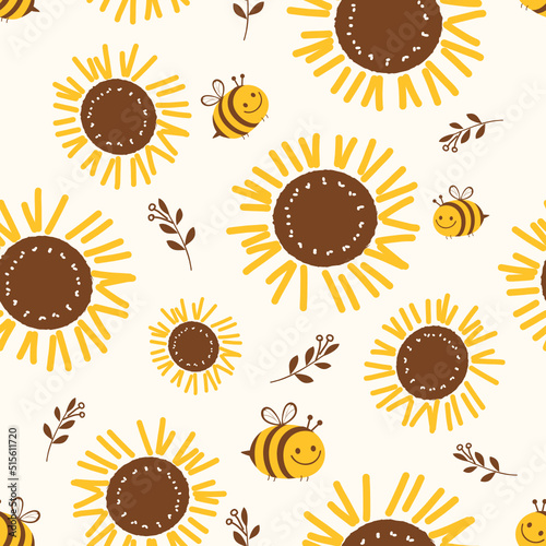 Seamless pattern with hand drawn sunflower field, branches and bee cartoons on white background vector illustration.